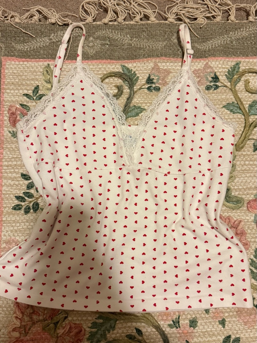 Brandy Melville White Cami with Red Heart Print and Lace Trim